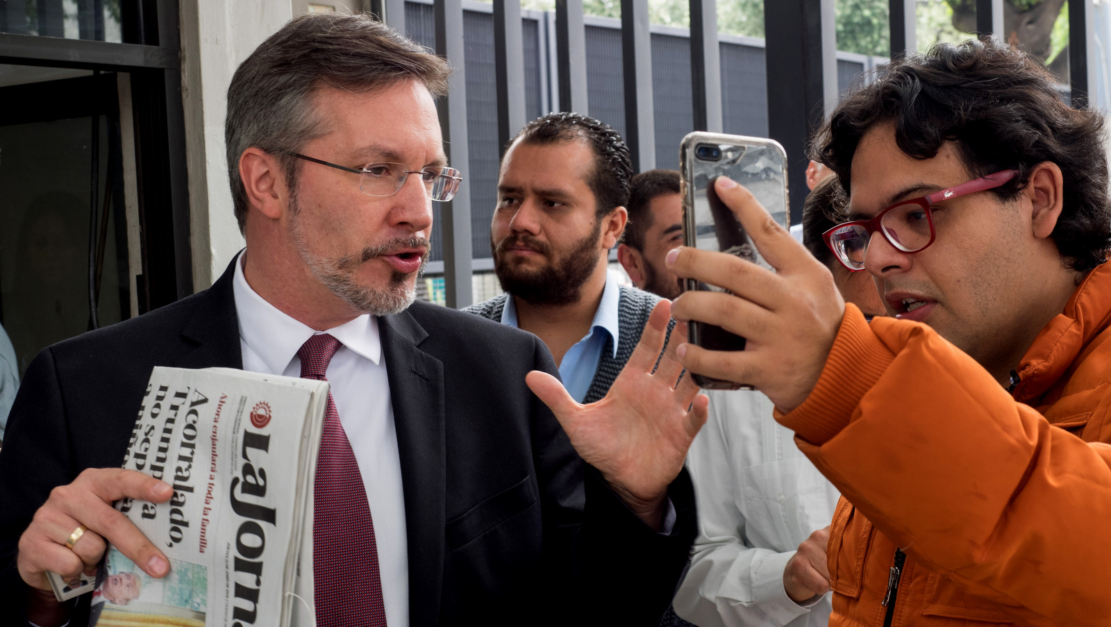 Law professor John Ackerman takes part in a livestream before delivering a letter to Mexico's National Electoral Institute demanding the authority take action against election fraud, Mexico City, June 21, 2018.