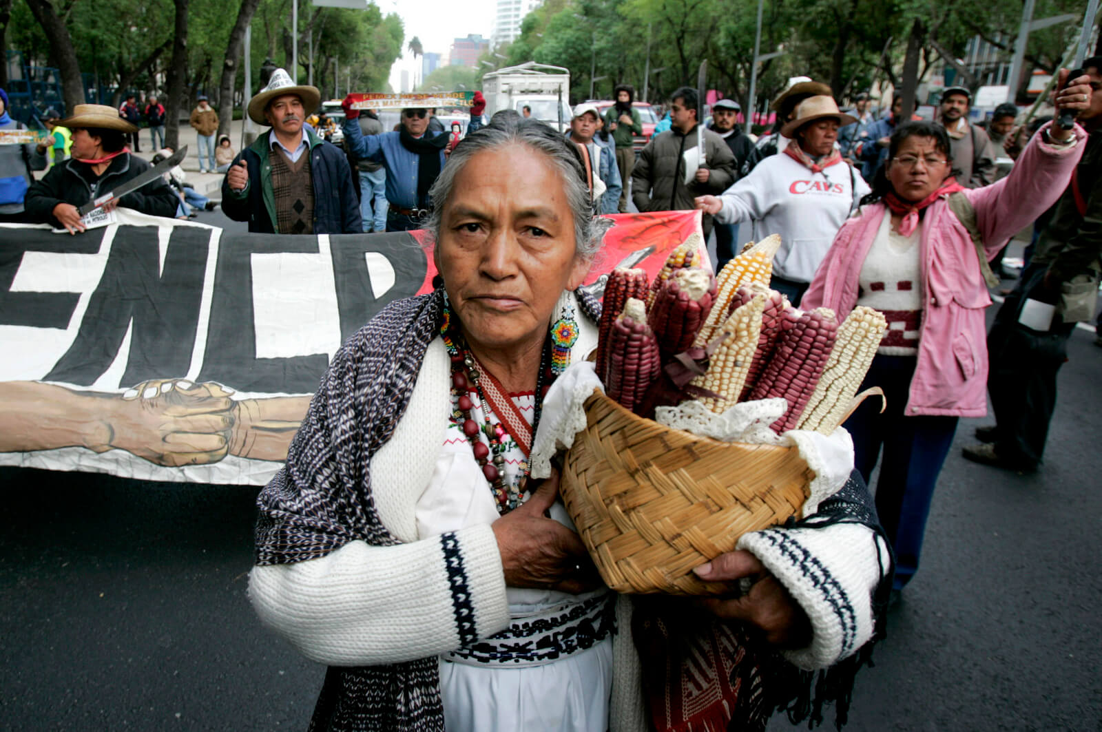 Mexican farmers protest the end of import protections under NAFTA for corn and bean crops in Mexico City, Jan. 2, 2008. Eduardo Verdugo | AP