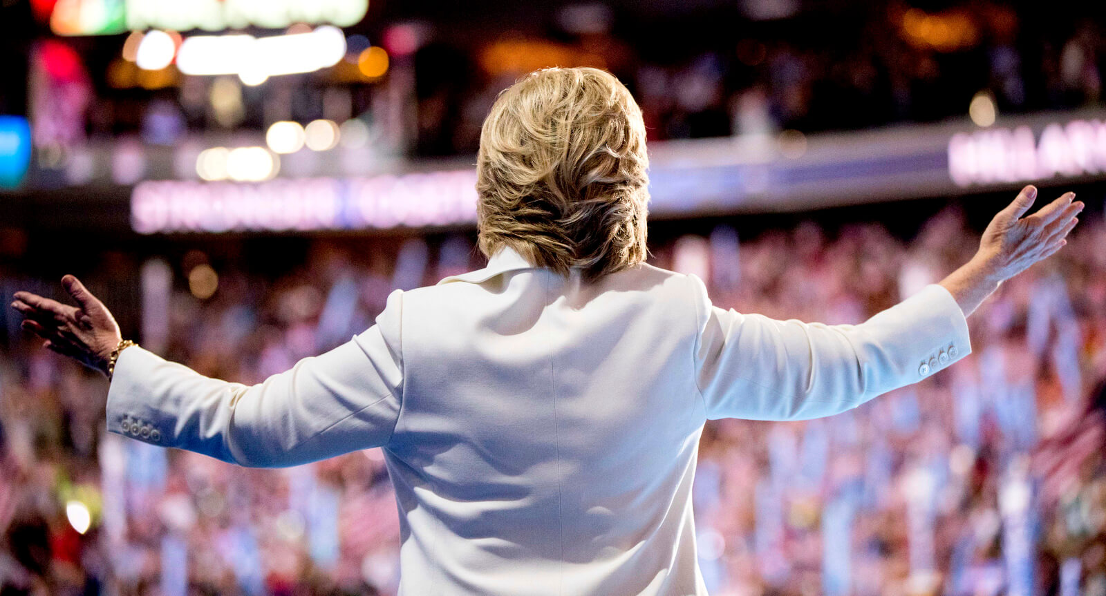 Democratic presidential candidate Hillary Clinton waves to the crowd as she takes the stage to speak during the fourth day session of the Democratic National Convention in Philadelphia, July 28, 2016. Andrew Harnik | AP