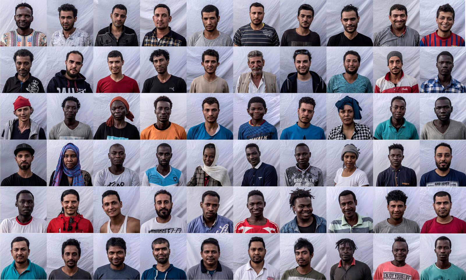 A combo of images showing the 60 migrants traveling aboard the Open Arms aid boat, of Proactiva Open Arms Spanish NGO, posing for photos during their trip to Barcelona, Spain, July 4, 2018. Olmo Calvo | AP