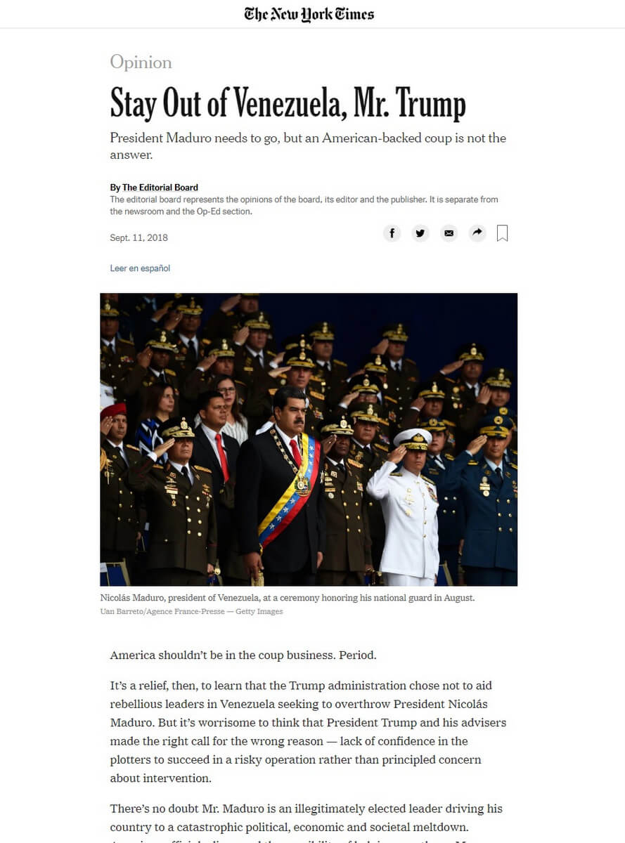 New York Times. Stay Out of Venezuela Mr. Trump
