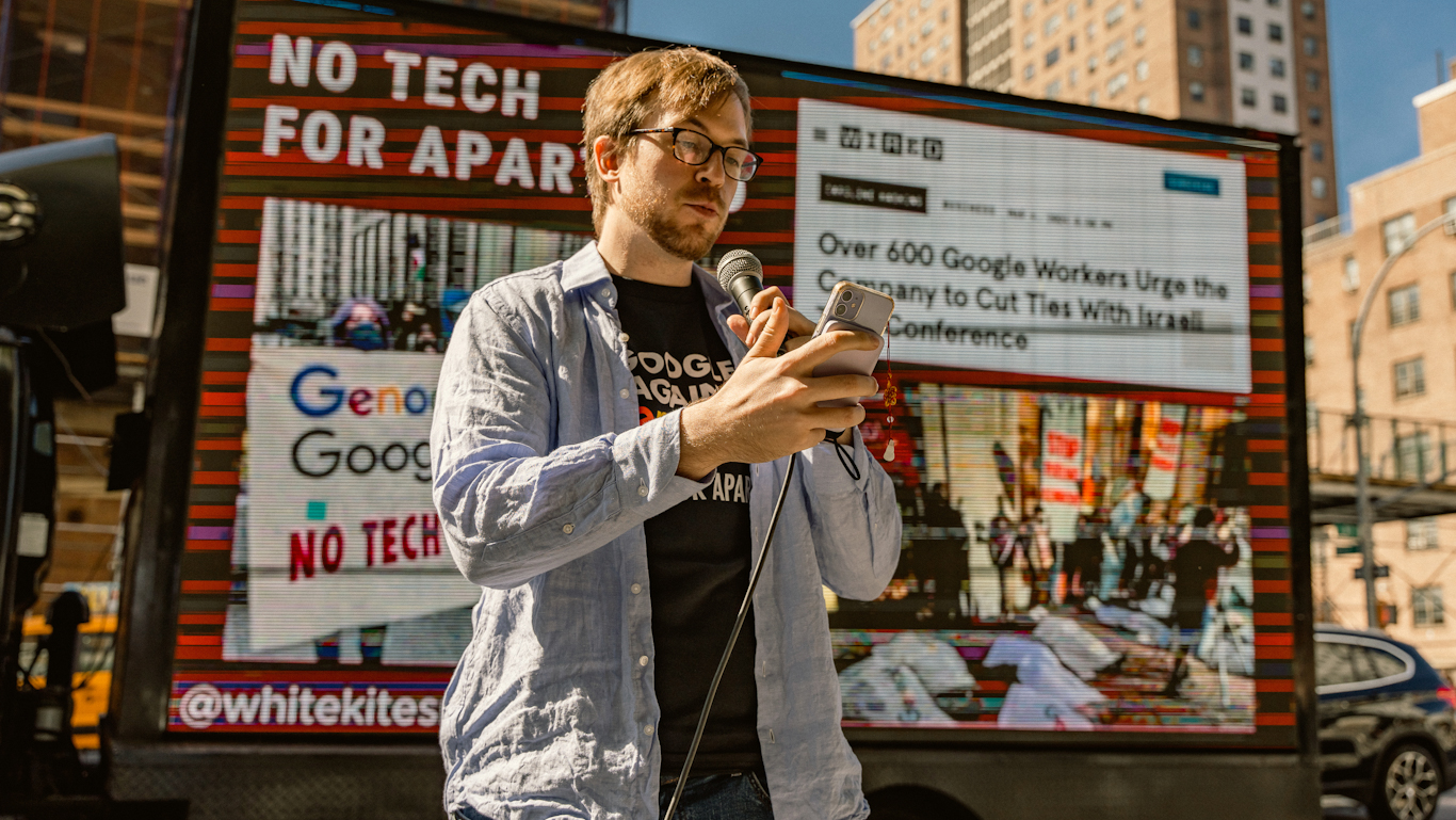 Tech workers from Google, Meta and Amazon protest against Big Tech supplying Israel with intelligence tools outside Google offices in Chelsea, Manhattan, NY, April 16, 2024. Cristina Matuozzi | AP