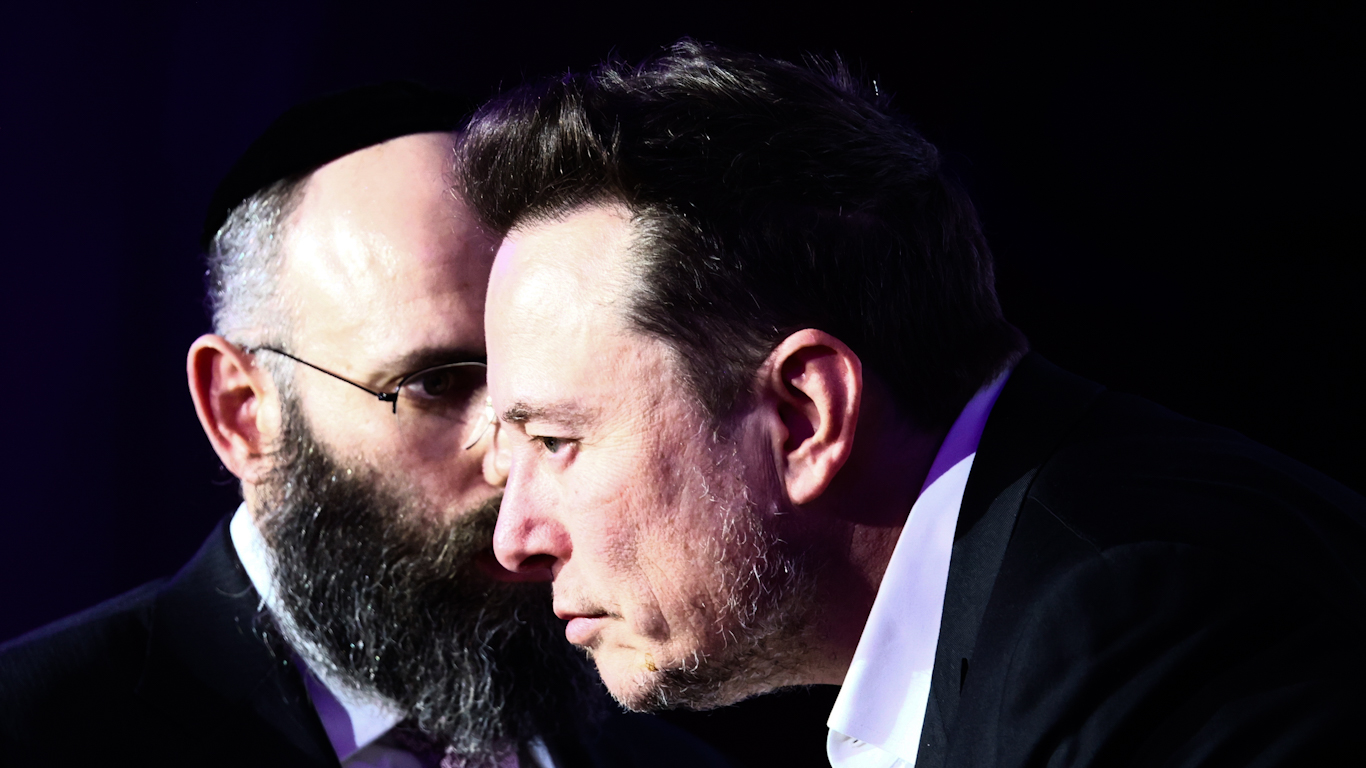 Elon Musk speaks during a live interview with Ben Shapiro at an antisemitism symposium hosted by the European Jewish Association in Krakow, Poland, Jan. 22, 2024.