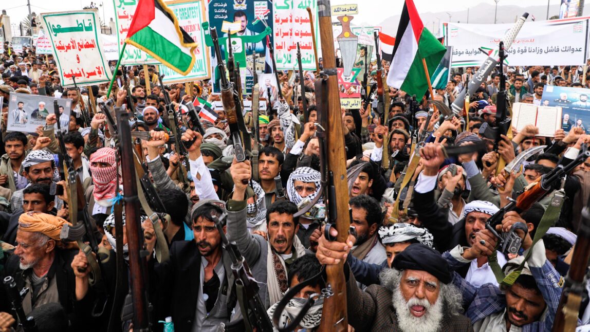 Houthi supporters chant slogans during an anti-U.S. and anti-Israel rally in Sanaa, Yemen, April 18, 2025.
