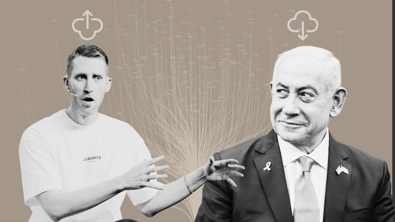 Assaf Rappaport and Benjamin Netanyahu in front of a cloud data network background, Google’s Wiz acquisition and ties to Israeli intelligence.