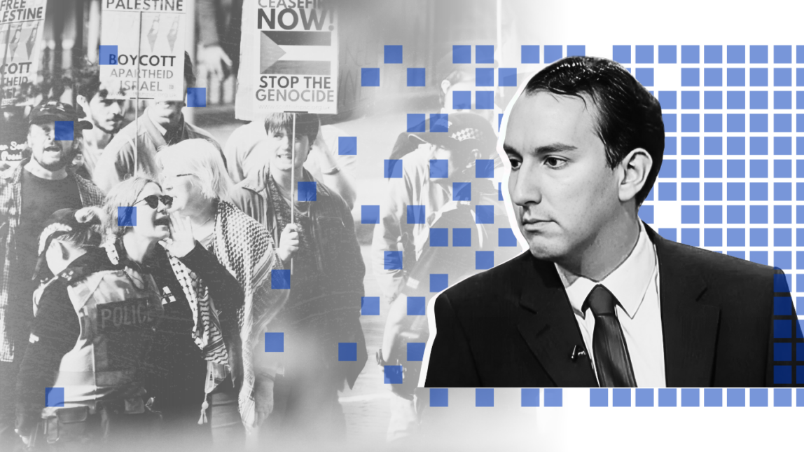 Ben Soffa alongside imagery of UK pro-Palestinian protests, edited in a stylized graphic design