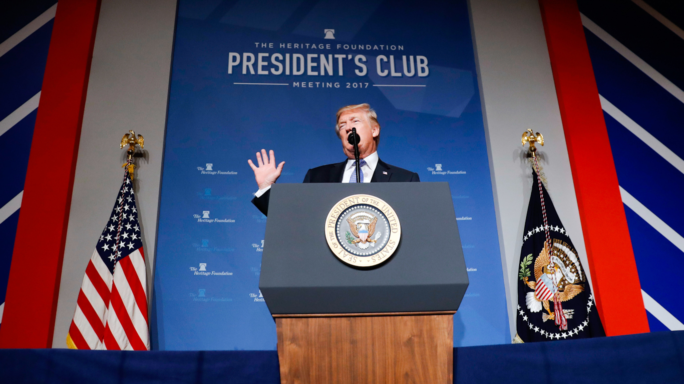 Donald Trump speaking at a Heritage Foundation event in 2017, the think tank behind Project 2025 and recent proposals for U.S.-Israel strikes on Iran.