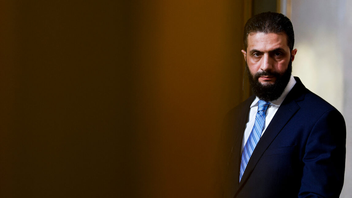 Syria’s President Ahmad al-Sharaa with France’s Emmanuel Macron at Elysee Palace in Paris, May 7, 2025