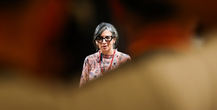 Francesca Albanese speaking at a conference in Ljubljana, Slovenia, July 10, 2025.