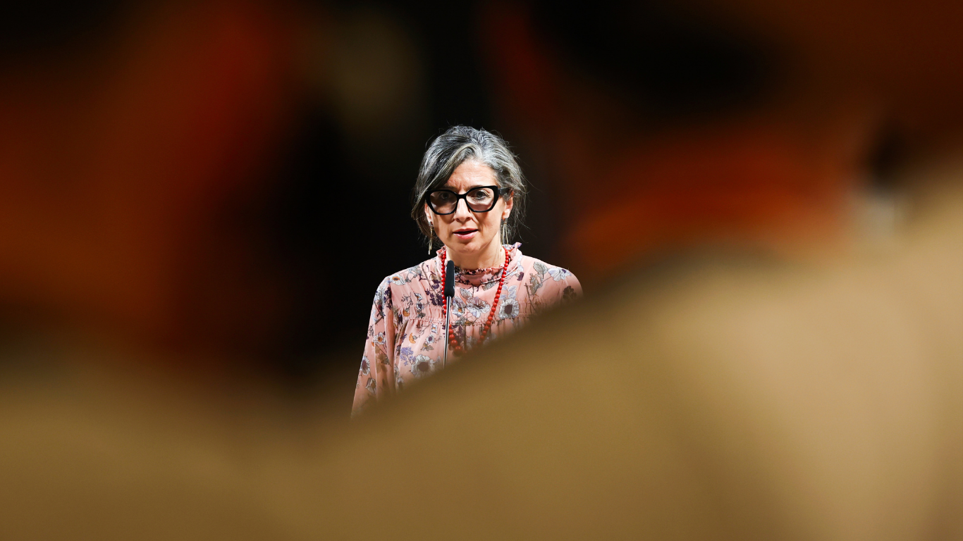 Francesca Albanese speaking at a conference in Ljubljana, Slovenia, July 10, 2025.