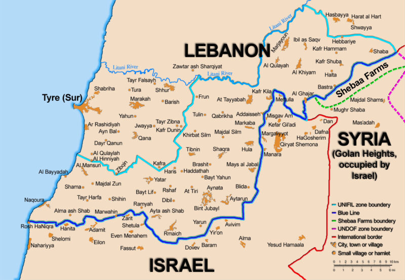 Map showing the Blue Line demarcation between Lebanon and Israel, Israeli-occupied Golan Heights, and UNIFIL deployment areas as of 2006